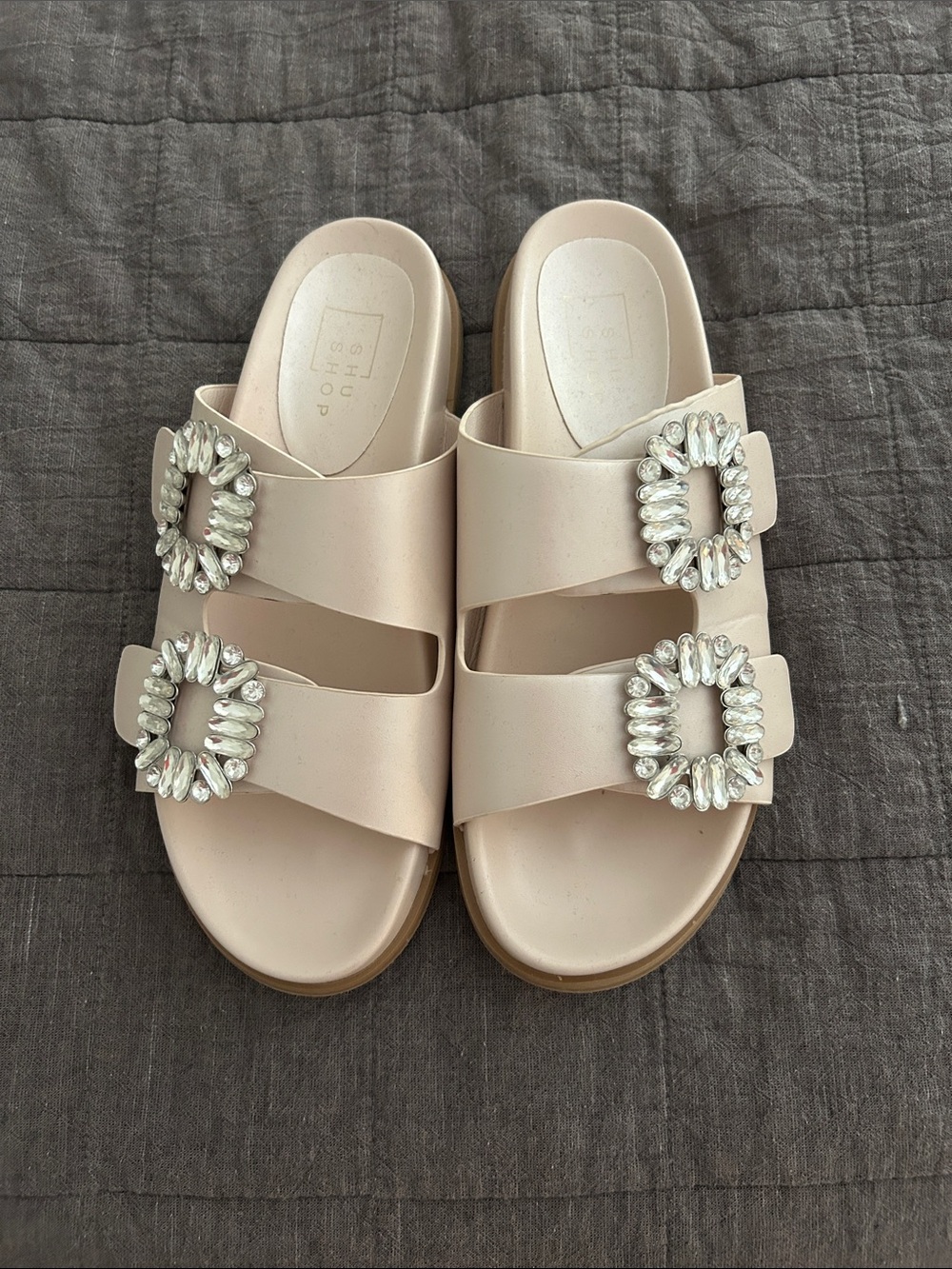 ShuShop Bejeweled Double-Strap Sandals - champagne